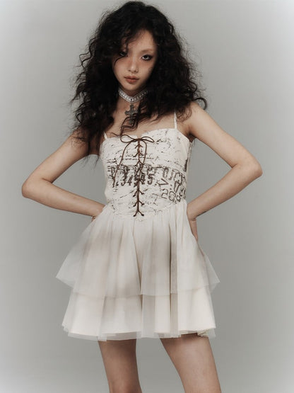 Punk Slip Crisscross Dress Lacing Tiered White with Tulle Skirt Distressed