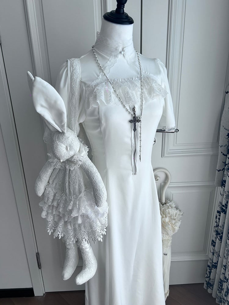 Collar Style Cross with All-White Zipper Maxi Dress Decorative Mandarin Pure