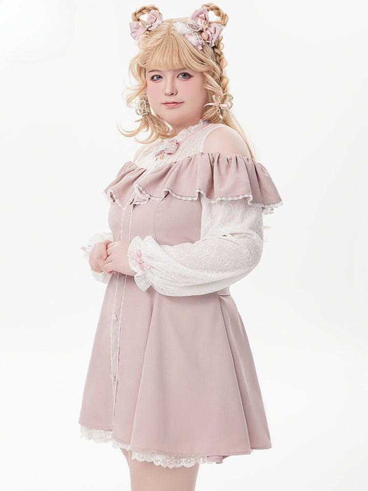 Rosa Illusionsausschnitt, ausgeschnittene Schulter, Jirai Kei-Kleid mit langen Ärmeln und Fliege