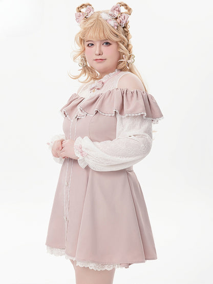 Rosa Illusionsausschnitt, ausgeschnittene Schulter, Jirai Kei-Kleid mit langen Ärmeln und Fliege