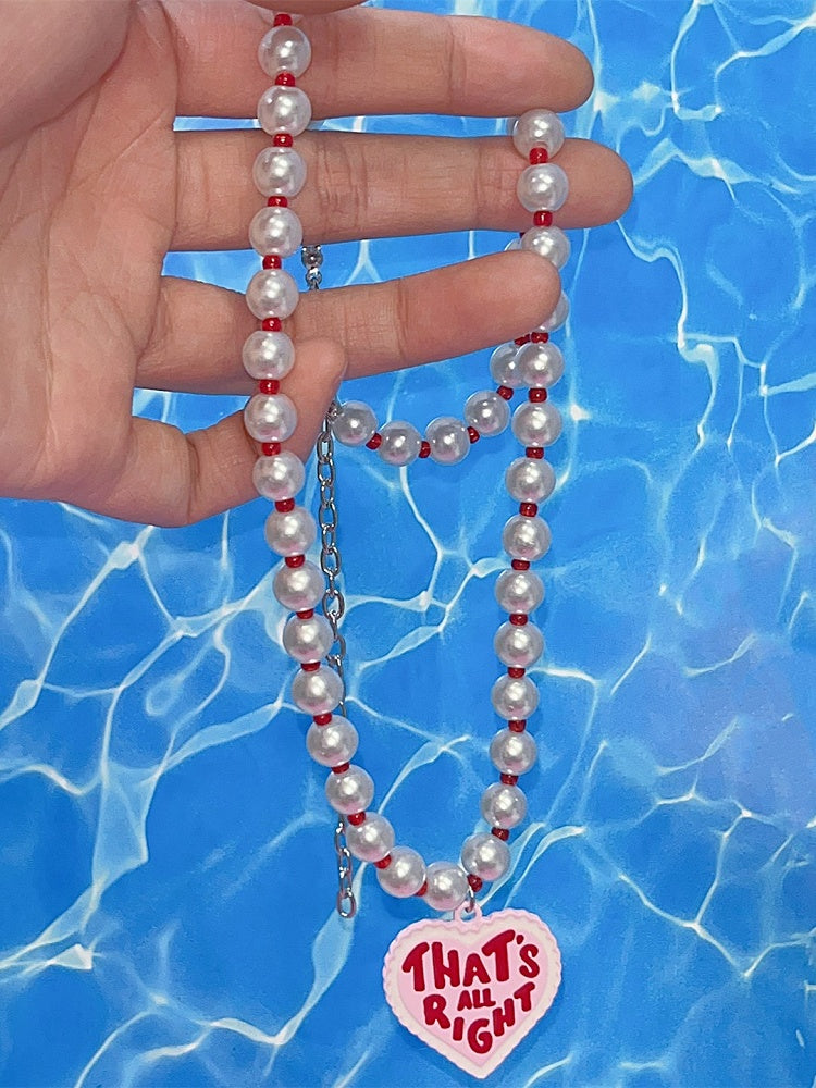 Pendant Letter Y2K Print Heart Beaded Pearl Necklace Red With
