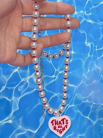 Pendant Letter Y2K Print Heart Beaded Pearl Necklace Red With