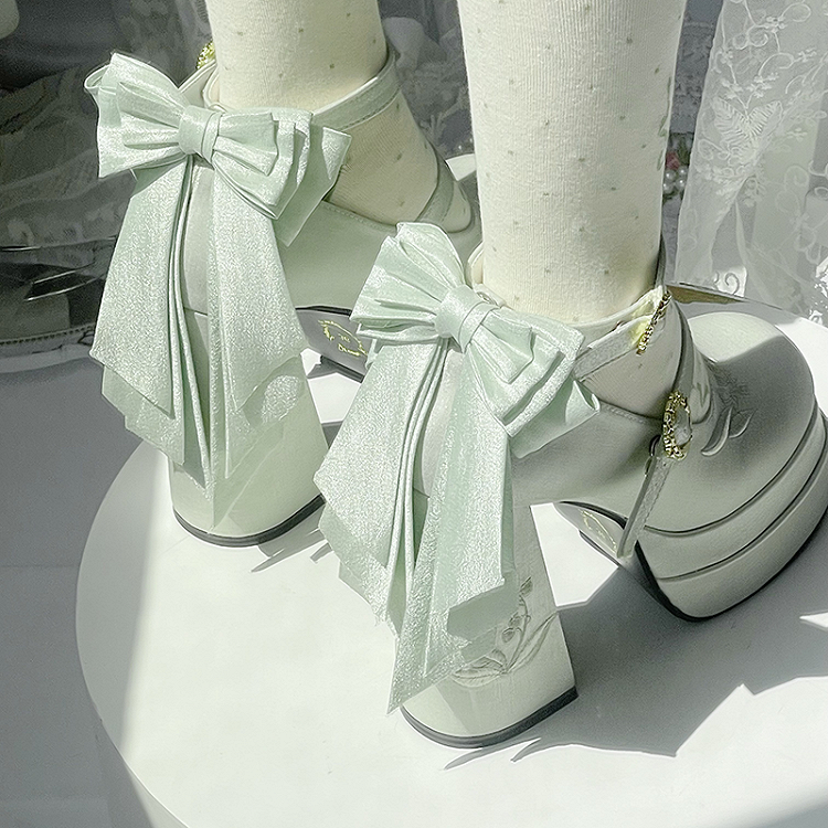 Detachable Light Platform Green Bowknot Valley High Heel the Embroidery Mary Janes Lily of Block