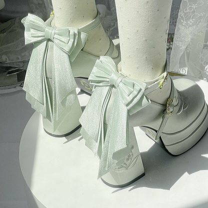 Detachable Light Platform Green Bowknot Valley High Heel the Embroidery Mary Janes Lily of Block