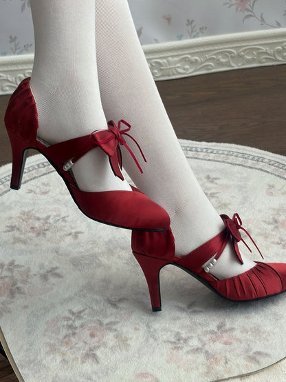 with Lolita Satin High-heel Toe Classic Accents Bow Red Pointed Shoes