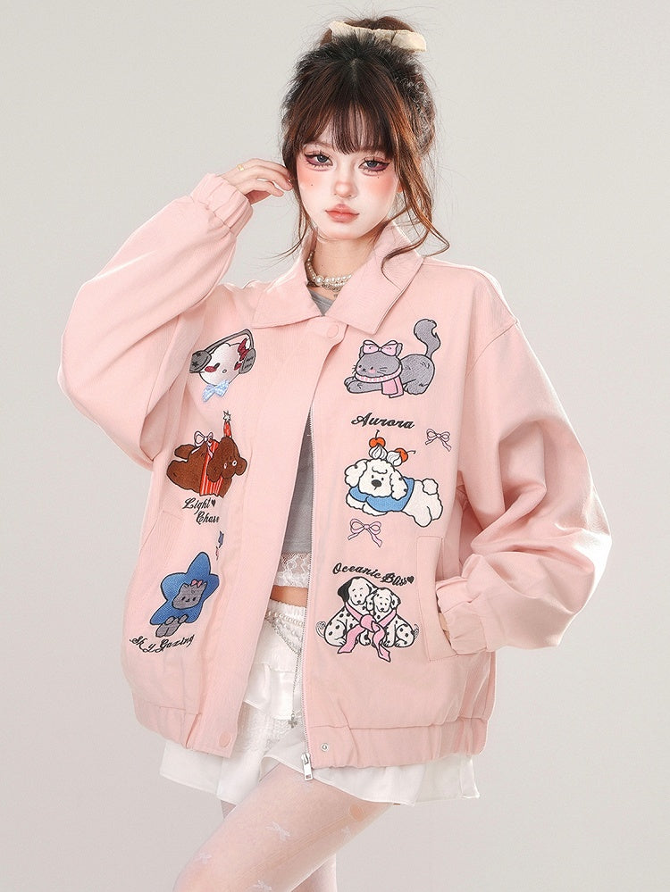 Pink/Apricot Cute Animal Zip Placket Baseball Jacket