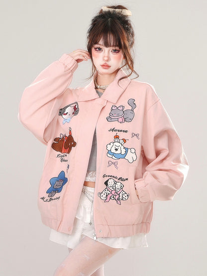Pink/Apricot Cute Animal Zip Placket Baseball Jacket