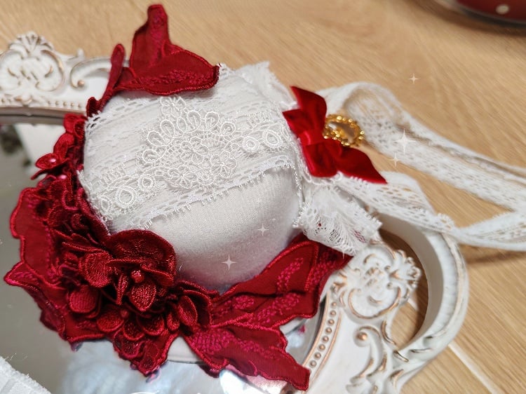Lolita Bowknot Mini Wine Red Flower Top Velvet Hat