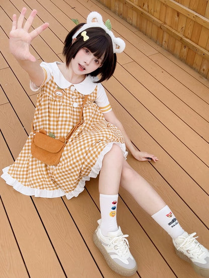 Orange Bear Peter Pan Collar Plaid Short Sleeves Dress