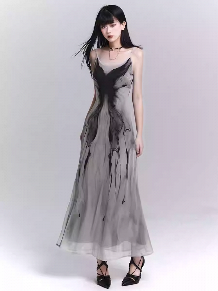 Gothic Gray Butterfly Slim-fitting Slip Dress