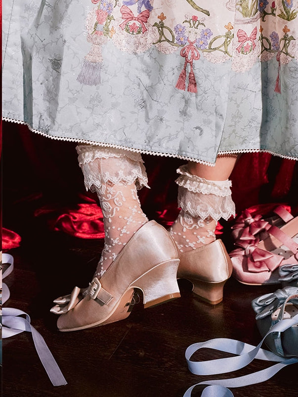 Toe - Ankle Square Top Janes Bow Mary Lolitacore Satin at Lace-up Beige