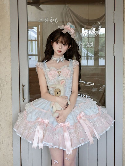 Blue & Pink Layered Lace Lolita JSK with Pearls - Miss Han