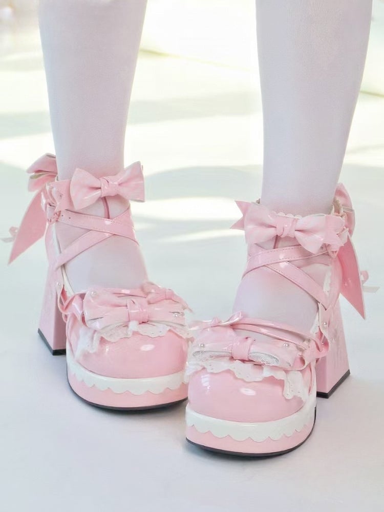 Pink Heel Mary Bow High Lolita Striped 8cm - Block Janes PU Sweet Platform