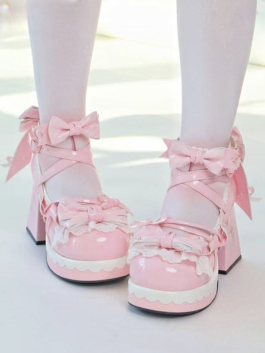 Pink Heel Mary Bow High Lolita Striped 8cm - Block Janes PU Sweet Platform