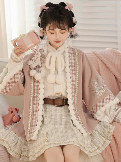 Hanfu-Style Fuzzy Long Sleeve Blouse with Pink Rabbit Embroidered Coat and Pleated Mini Skirt Set - Han Ru Chu Hanfu &amp; Han-Element Studi
