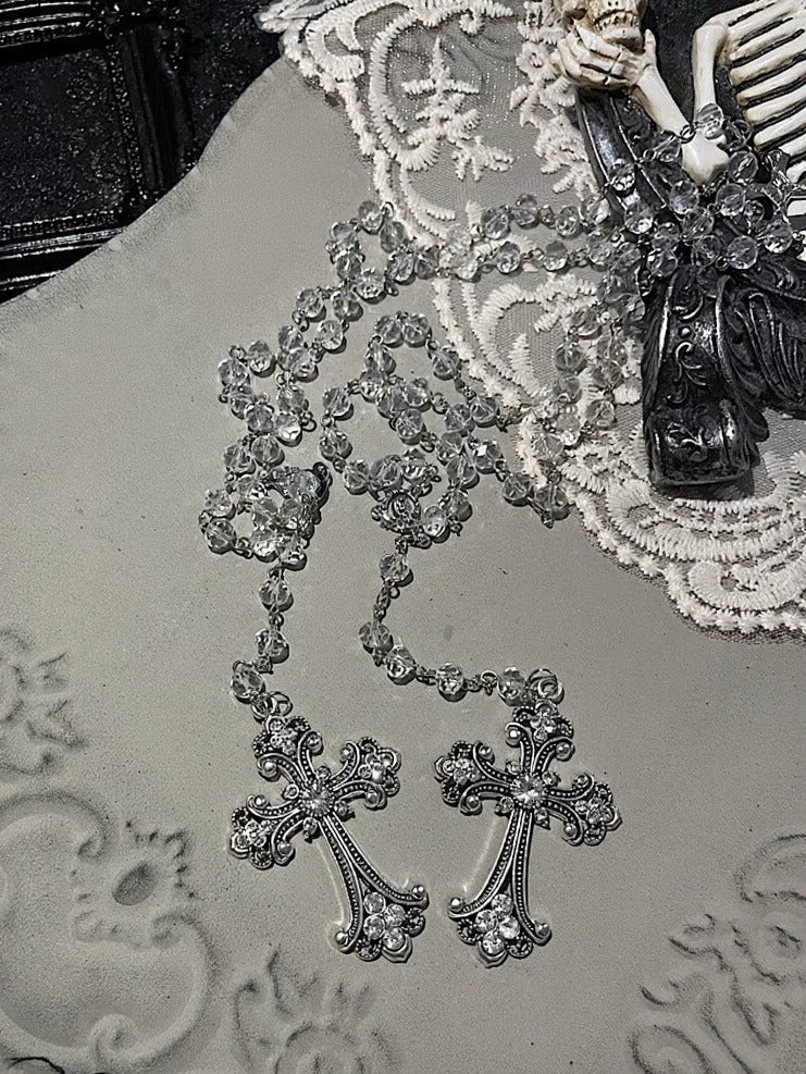 Two-Tone Gothic Cross Pendant Beaded Necklace