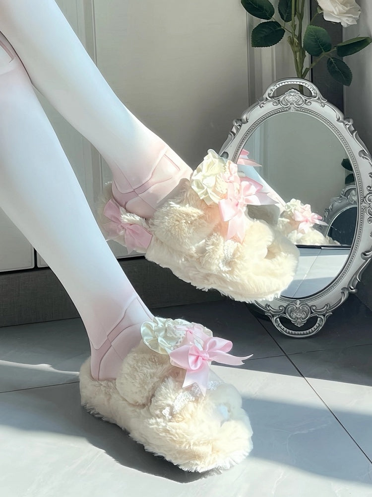 Ruffle - Lace Pink Slippers Bow with 2cm/4cm Platform Knotted Lolita Plush Heart Sweet Winter Trim