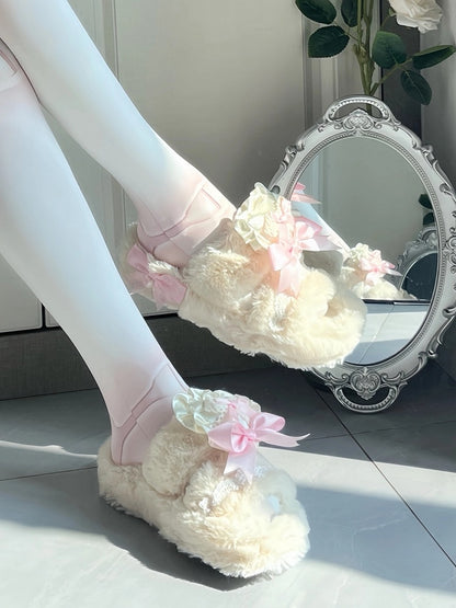 Ruffle - Lace Pink Slippers Bow with 2cm/4cm Platform Knotted Lolita Plush Heart Sweet Winter Trim