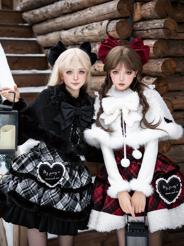 Cape Plaid Black Brooches Winter Lolita Warmers White Set - JSK Leg Reversible +