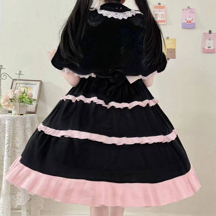 and Ears Black Pink Lolita with Sweet / Kitty Winter Bunny Cape Plush