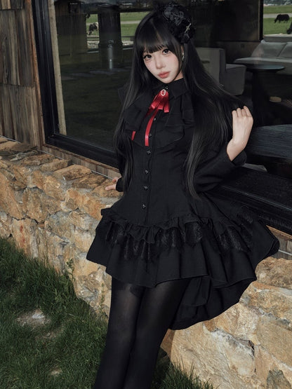 High-Low Ruffled Lolita Dress with Red Bow Tie, Long Sleeve Black for Autumn - muggle studio