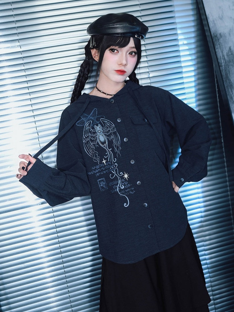 Navy Long Sleeve Hooded Shirt with Sea Angel Graphic Print - Quirky Hut