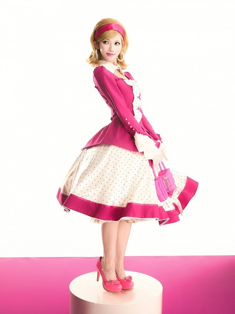 Retro Pink Blazer & Polka Dot Skirt Ensemble with Bow Accents and Detachable Collar - Charing Cross