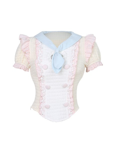 with Collar Blouse Blue Tie Puff Sleeve Yellow