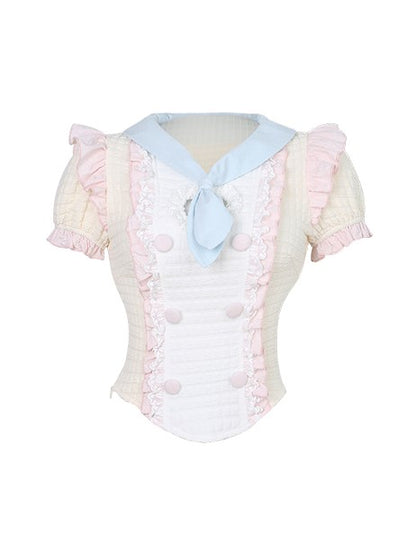 with Collar Blouse Blue Tie Puff Sleeve Yellow