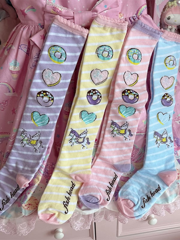 Over Striped Knee Donut Unicorn Pattern Print Lolita Pink/Yellow/Blue/Purple Stockings