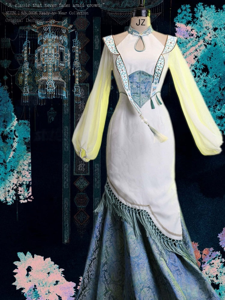 Elegant Blue & White Jacquard Long Cheongsam Gown with Cutout Accents - sijinstudio