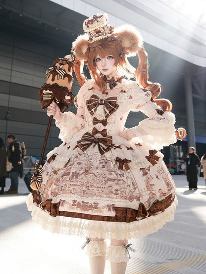 with Beige Print Sweet Bear Hem Bow Dress Brown Sleeves and Lace Little Accents Bell Lolita