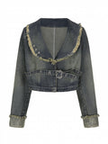 Size Jacket with Y2K Punk Hem Wasteland Plus Denim Gray-Blue Raw Crop