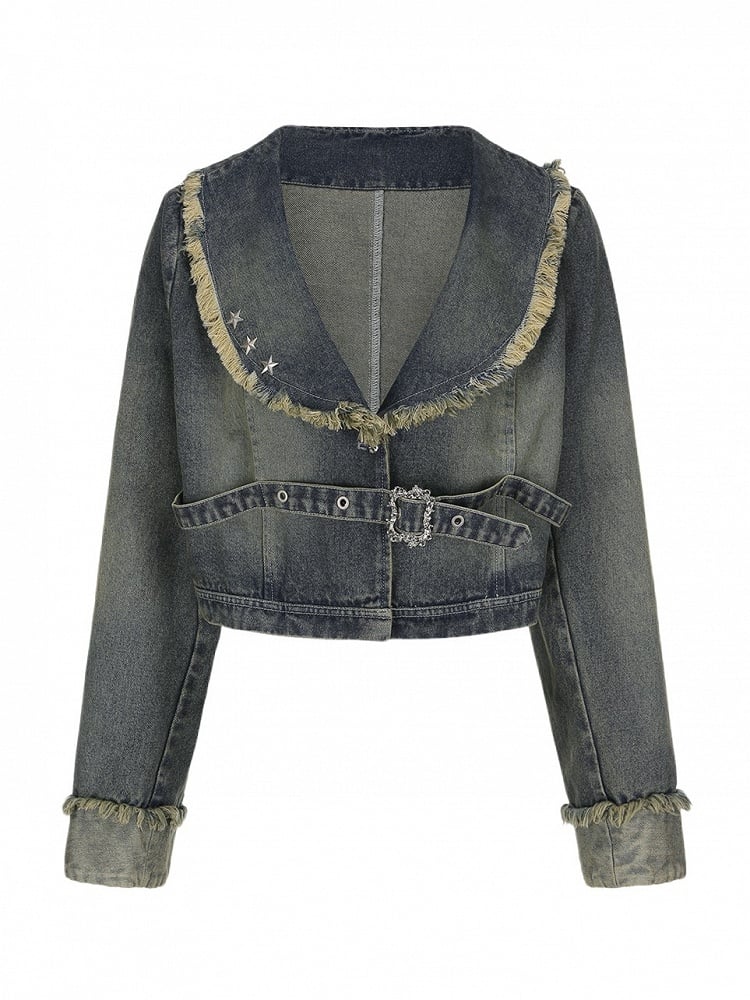 Size Jacket with Y2K Punk Hem Wasteland Plus Denim Gray-Blue Raw Crop