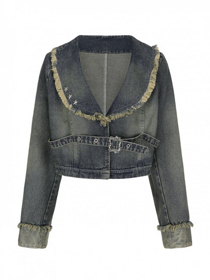 Size Jacket with Y2K Punk Hem Wasteland Plus Denim Gray-Blue Raw Crop