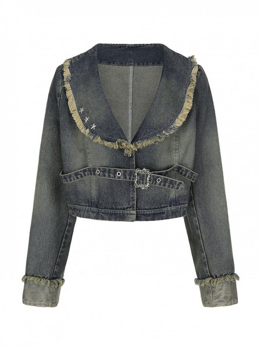 Size Jacket with Y2K Punk Hem Wasteland Plus Denim Gray-Blue Raw Crop