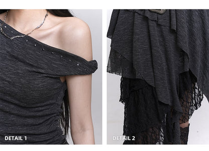 Asymmetrischer Ausschnitt mit Schnalle und Nieten, kaskadierender Rüschengürtel mit Kleid