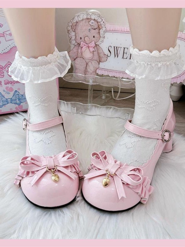 Scalloped Charm Toe and Hem Design with Round White Sweet PU Strawberry Lolita Mid-heel Shoes Bow