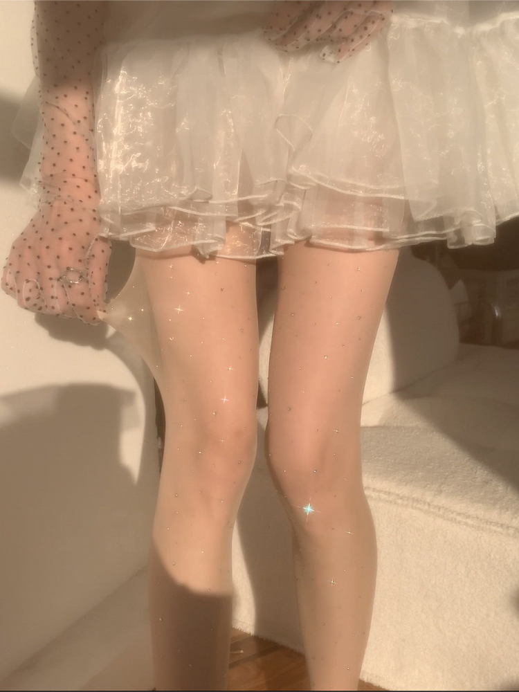 Nude/Cream Rhinestone Tights Details Sheer Sparkling White