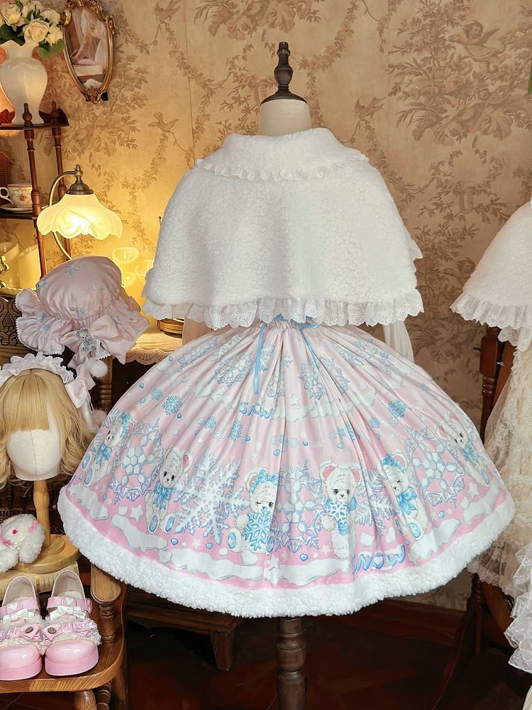 Sweet Winter Lolita Snowy Teddy Print Light Pink Dress JSK Full Set