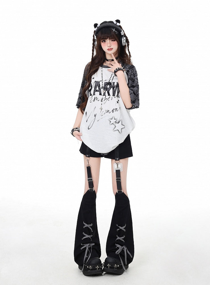 ホワイト ディストレスト ホールズ スターバックル グラフィック Tシャツ