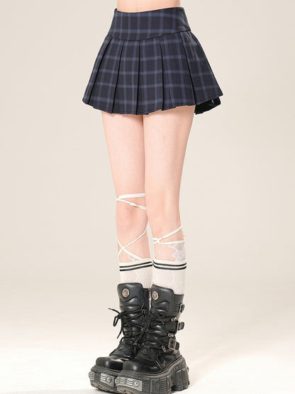 Rock Kawaii Muster Plaid Plissee Blau Täglich