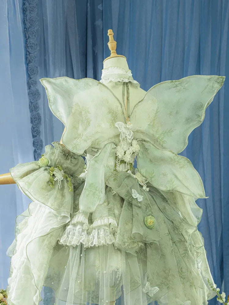 Set Decorated Princess Fairy Dress Flowers Lolita Butterfly JSK Light Full Green Forest