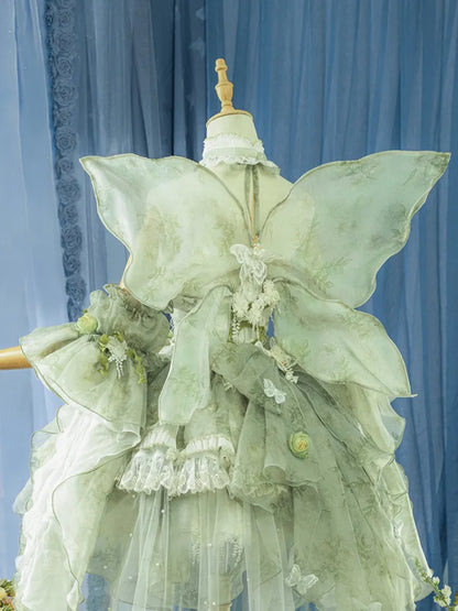 Set Decorated Princess Fairy Dress Flowers Lolita Butterfly JSK Light Full Green Forest