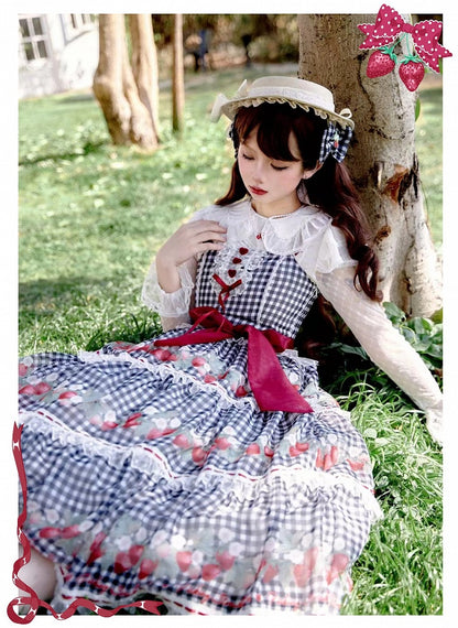Strawberry Print Black Lolita Gingham Dress Sweet Summer Lolita Jumper Skirt