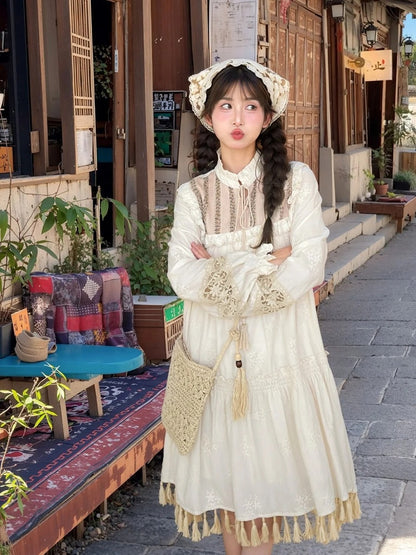 Beige Tassel Hem Dress Long/Regular Version