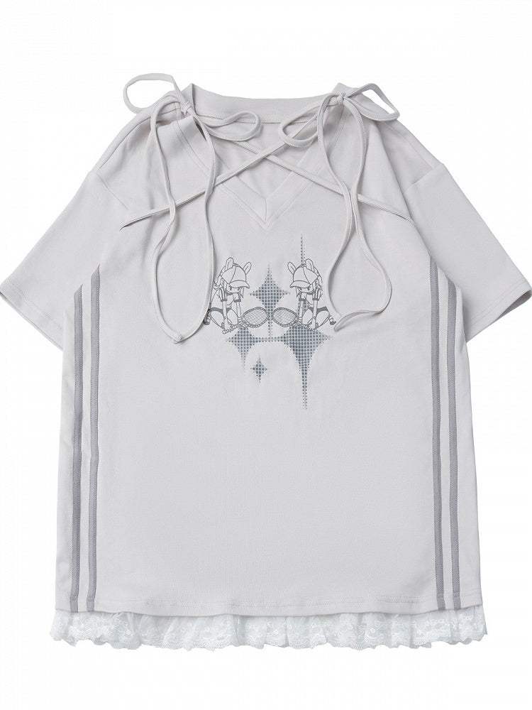 Summer Light Gray Cartoon Print V-Neck Top with Ties and Lace - PINK SAVIOR