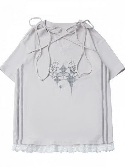 Summer Light Gray Cartoon Print V-Neck Top with Ties and Lace - PINK SAVIOR