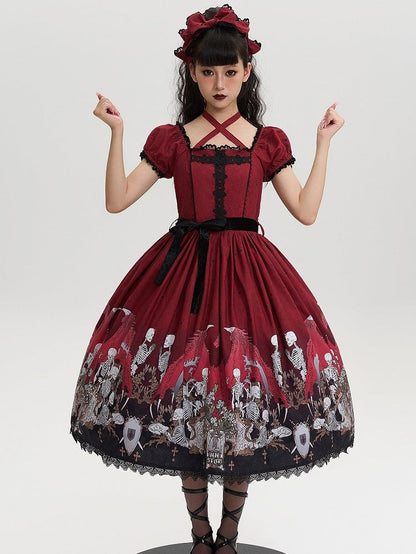 Lace Trim Black Dress Red Lolita and with Cross Print Skeleton Gothic