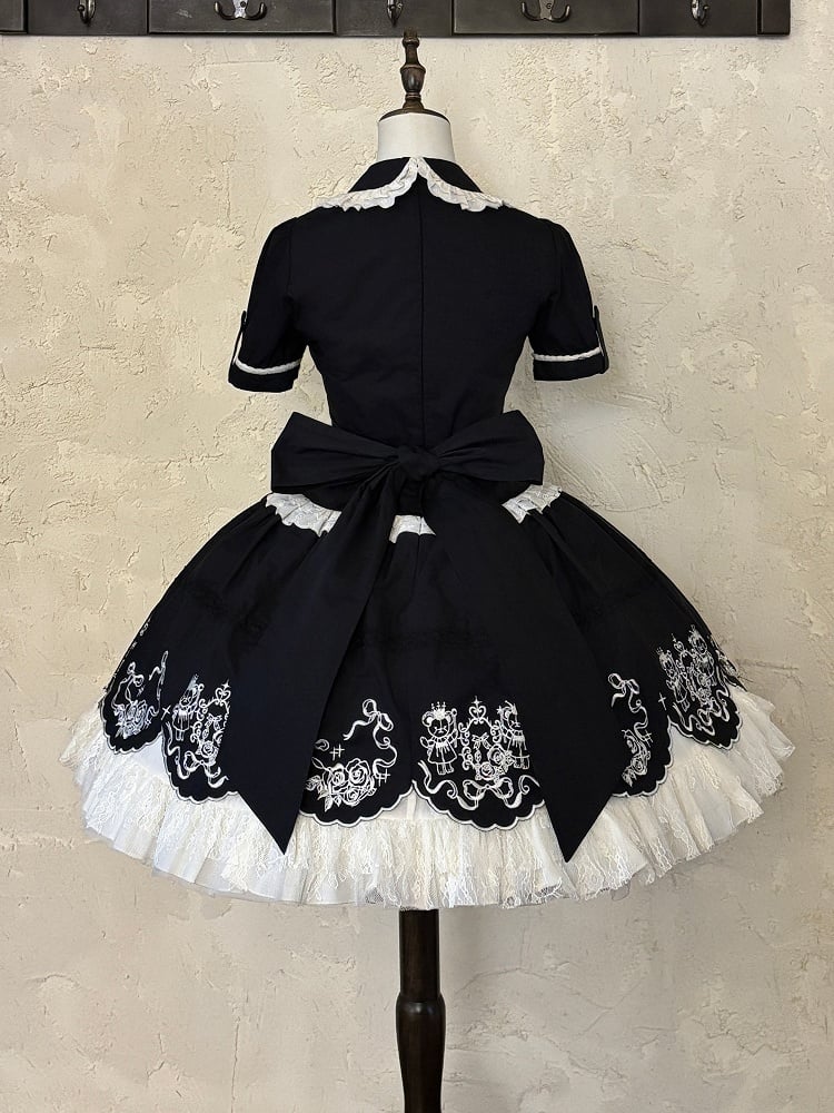 Black Old School Lolita Cotton OP Dress with Embroidered Scallop Trim Skirt - Secret Tea Party